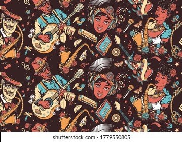 Jazz, funk, blues, soul. Musicians lifestyle. African American funky girl, bluesman, slide guitar, Beautiful black woman and saxophone. Multicultural musical seamless pattern. Music unites people 