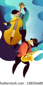 Jazz gang. Vertical vector banner illustration for Classic music festival, jazz rock concert,. 