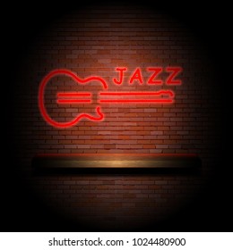 A jazz guitar made of neon lights on a brick wall with a shelf in the shade.