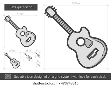 Jazz guitar vector line icon isolated on white background. Jazz guitar line icon for infographic, website or app. Scalable icon designed on a grid system.