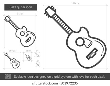 Jazz guitar vector line icon isolated on white background. Jazz guitar line icon for infographic, website or app. Scalable icon designed on a grid system.