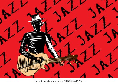Jazz guitarist. Musician playing the guitar isolated on a red background with the inscription. Jazz theme.