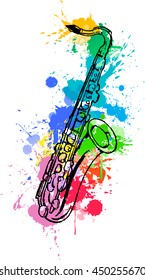 Jazz hand drawn saxophone. colored with abstract paint splats in white background