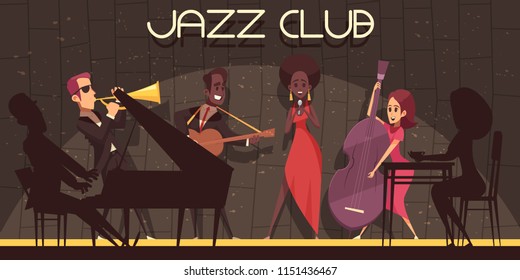 Composición horizontal de fondo Jazz con personajes de estilo caricaturista plano de músicos con siluetas de sombras en ilustración de vector de escenario