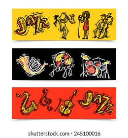 Jazz horizontal banners sketch set with music party concert instruments isolated vector illustration