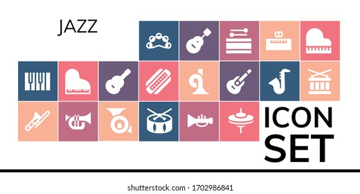 jazz icon set. 19 filled jazz icons. Included Tambourine, Piano, Trombone, Trumpet, French horn, Drum, Cymbals, Guitar, Harmonica, Saxophone icons