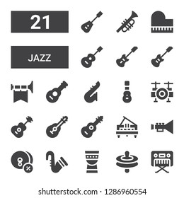 jazz icon set. Collection of 21 filled jazz icons included Piano, Cymbals, Timpani, Saxophone, Trumpet, Guitar, Drum set, Acoustic guitar, Electric guitar, Mandolin