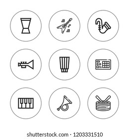 Jazz icon set. collection of 9 outline jazz icons with drum, launchpad, french horn, guitar, piano, timpani, saxophone icons. editable icons.