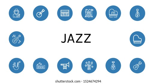 jazz icon set. Collection of Musician, Guitar, Piano, Drum kit, Saxophone, Trumpet, Bass guitar, Acoustic guitar icons