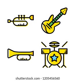 jazz icon set. vector set about trumpet, drum set and electric guitar icons set.