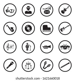 Jazz Icons. Black Flat Design In Circle. Vector Illustration.
