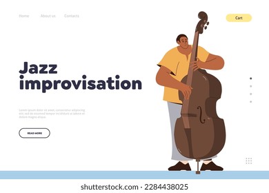 Plantilla de diseño de página de inicio de improvisación de jazz. Hombre de dibujos animados contrabalística tocando el instrumento de doble bajo con la inspiración de la ilustración del vector. Espectáculo musical de carácter masculino en la calle