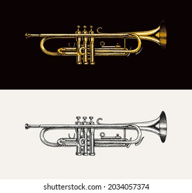Jazz instrument trumpet. Vector illustration classical wind musical apparatus in doodle outline style. Hand drawn monochrome engraved sketch for vintage logo, retro emblem or poster.