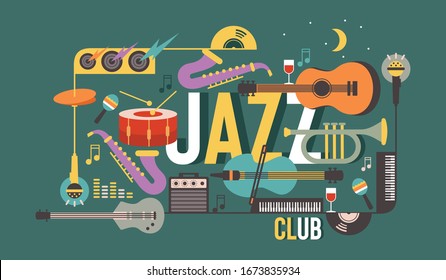 Jazz instrument vector illustration design with typography. Musical instruments, guitar, bass, cello, trumpet, saxophone, drum, piano. Jazz banner and background design