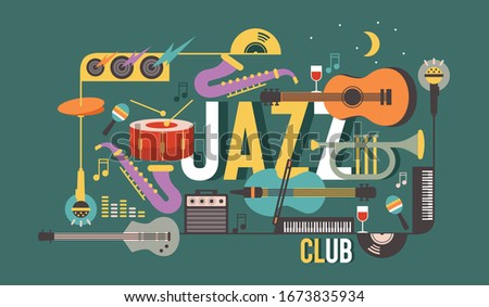 Jazz instrument vector illustration design with typography. Musical instruments, guitar, bass, cello, trumpet, saxophone, drum, piano. Jazz banner and background design