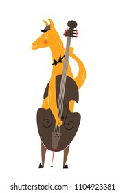 Jazz lama. Cartoon lama plays on the double bass. Cute print for fabric, t-shirt, poster, card, bag. Bright vector template in mid-century style.