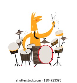 Jazz lama. Cartoon lama plays on the bass drum. Cute print for fabric, t-shirt, poster, card, bag. Bright vector template in mid-century style.