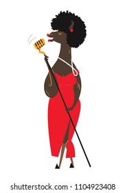 Jazz lama-singer. Cartoon lama sings into a golden microphone. Cute print for fabric, t-shirt, poster, card, bag. Bright vector template in style of the 1950s.