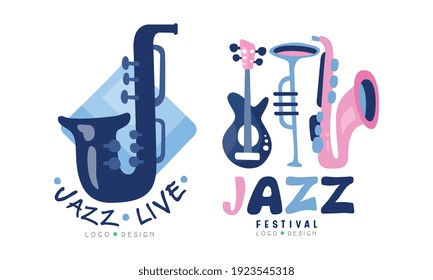 Jazz Live Logo Design Templates Collection, Music Festival Labels Cartoon Vector Illustration