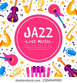 Jazz Live Music Banner Design with Bright Musical Instrument Vector Template