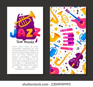 Jazz Live Music Banner Design with Bright Musical Instrument Vector Template