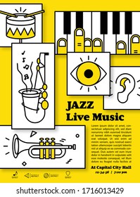 Jazz live music banner poster with ear, eye and instrument saxophone, drum, piano, trumpet, double bass illustration vector. it's like a human face. Jazz music concept.