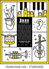 Jazz live music banner poster with ear and instrument saxophone, drum, piano, trumpet, double bass illustration vector. Jazz music concept.