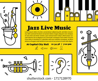 Jazz live music banner poster with ear, eye and instrument saxophone, piano, trumpet, double bass illustration vector on yellow background. Jazz music concept.