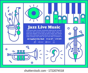 Jazz live music banner poster with ear, eye and instrument saxophone, piano, trumpet, double bass illustration vector on green and blue color. Jazz music concept.