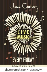 Jazz Live music festival, poster background template. Keyboard with music notes. Flyer design. Vector Illustration.