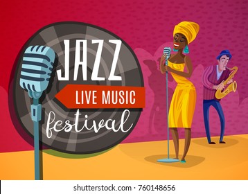 Jazz live music horizontal poster with singer in yellow dress near microphone, musician with saxophone vector illustration