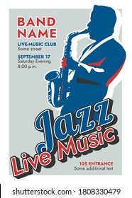 "Jazz Live Music" poster featuring a saxophonist in old-style colors. Vector promo for an evening of live jazz music. Vector jazz evening poster template.