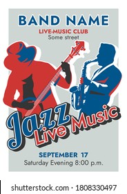 "Jazz Live Music" vetor poster with jazz band in classic colors. Jazz music evening poster - vetor template. Easy editable vector promo material for jazz evening