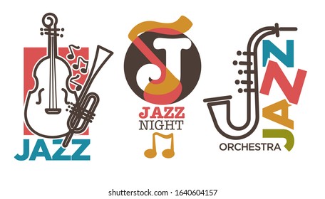 Jazz logo set, music genre. Sax, saxophone, trumpet brass, double bass guitar instruments linear icons, musical note silhouette, colorful logotype. Graphic vector illustration on white background.