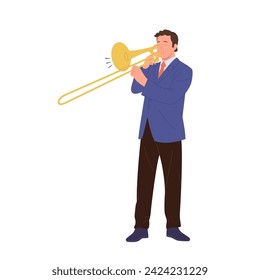 Jazz man cartoon character playing trumpet enjoying solo or orchestra performance isolated on white