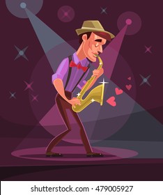 Jazz man character plays solo in club. Vector flat cartoon illustration