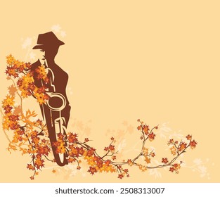 Músico de jazz tocando el saxofón entre las ramas del árbol de la temporada de otoño con hojas brillantes - fondo del Vector del espacio de la copia musical del otoño