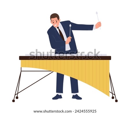 Jazz man percussion player musician cartoon character playing xylophone instrument isolated on white