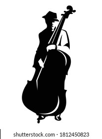 jazz man playing contrabass - blues performer black and white vector outline