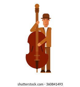 Jazz man playing contra-bass on the isolated background. Flat design vector illustration.