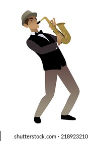 jazz man playing saxophone cartoon isolated vector illustration