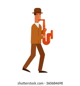 Jazz man plays the saxophone. On isolated background. Flat design vector illustration.