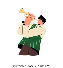 Jazz man standing on stage, blowing in horn. Professional musician performs on wind instrument. Orchestral performer plays trumpet. Solo performance. Flat isolated vector illustration on white