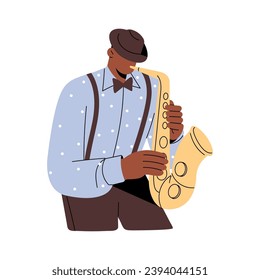 El hombre de jazz con traje toca el instrumento de la música eólica. Músico en sombrero actúa en saxofón. Saxofonista sostiene un saxo dorado en la mano, soplando. Espectáculo azul. Ilustración vectorial aislada plana en blanco