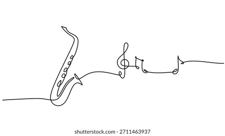 Jazz melodía y nota musical en un solo dibujo de una línea. El dibujo de línea continua presenta un saxofón con notas abstractas, un símbolo para un festival o concierto.