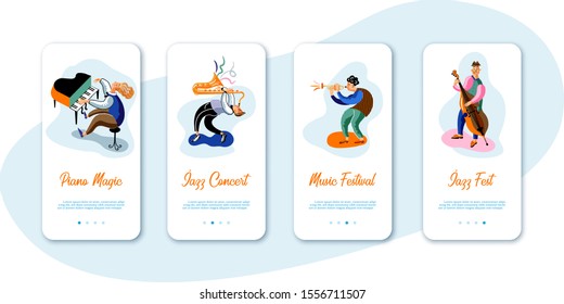 Jazz mobile app flat vector templates. Band, orchestra performance, concert. Double bass, piano cartoon players pack. Live music festival retro color illustration. Men playing wind 