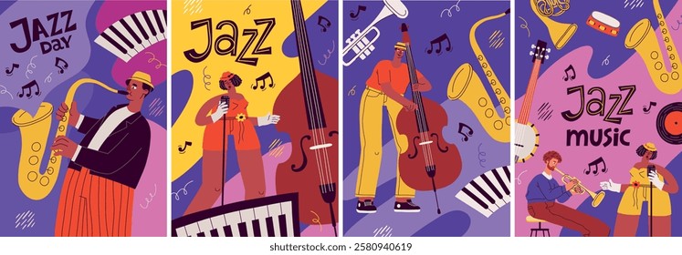 Jazz music abstract compositions cards. Bright dynamic shapes, professional musicians play instruments and improvise, concert, vector set