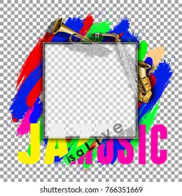 Jazz music background with blurred colors and a frame of glass, saxophone and musical trumpet. Isolated objects.