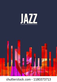 Jazz music background with colorful piano keys vector illustration. Artistic music festival poster, live concert, creative banner design with piano keyboard and word jazz