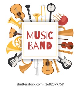 Jazz music band banner with musical instruments guitar, violin, cello and cymbals, saxophone, trumpet vector illustration. Jazz, classic or rock music band instruments isolated on white composition.